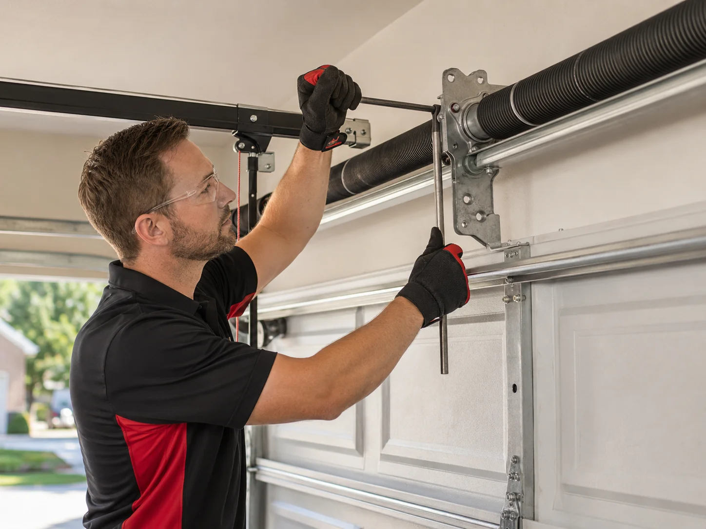 Technician replacing a garage door torsion spring at a Tri-City home